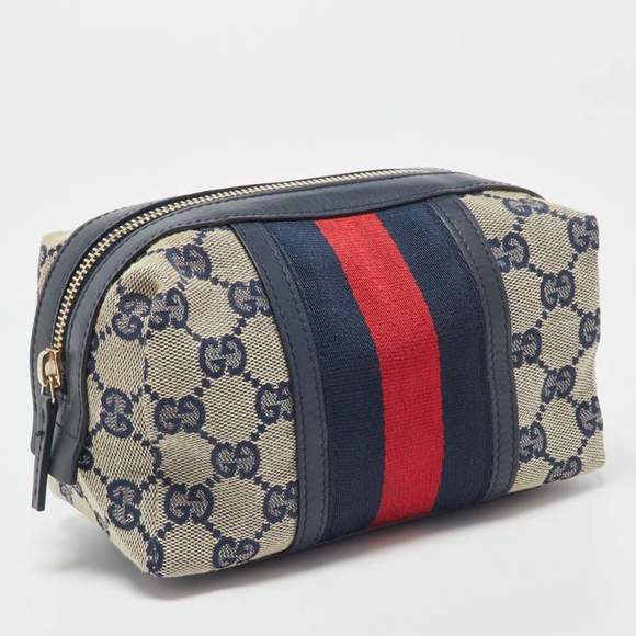 Gucci Beige/Blue GG Canvas and Leather Web Cosmetic Pouch - Picture 4 of 9